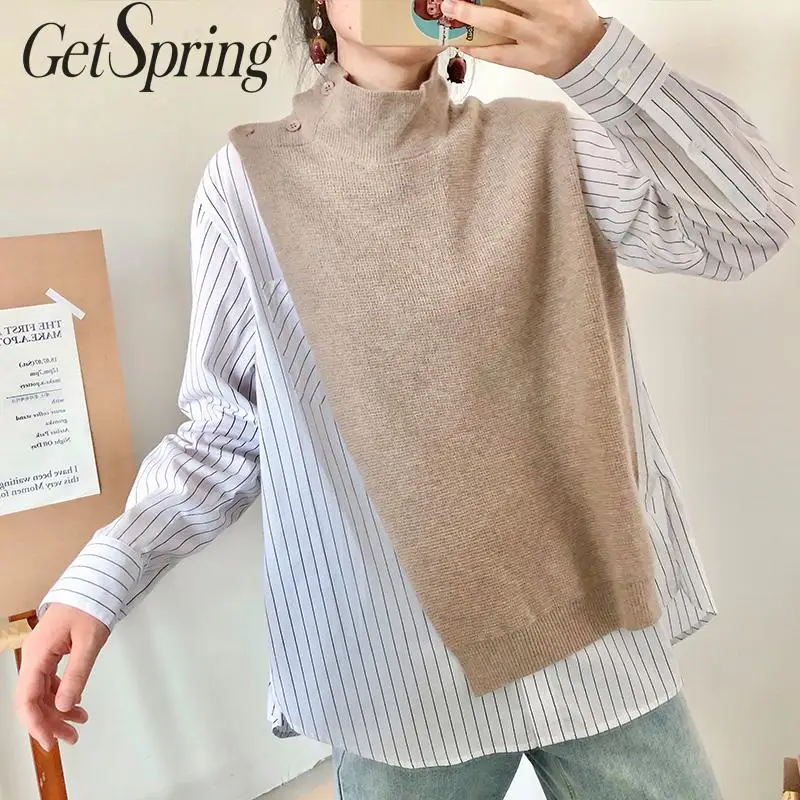

GETSPRING Women Shirt Patchwork Color Matching Womens Tops Blouses Fake Two Pieces Asymmetrical Blouse Women 2019 New Autumn