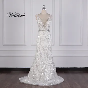 

100% real picture Wellbirth Vestido de novia v-neckline Mermaid Wedding dress Cap Sleeve Bridal gown jc043