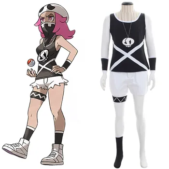 

Anime Pokemon Sun and Moon Team Skull Cosplay Costume Adult Female Top Shorts Hat Halloween Carnival Costumes