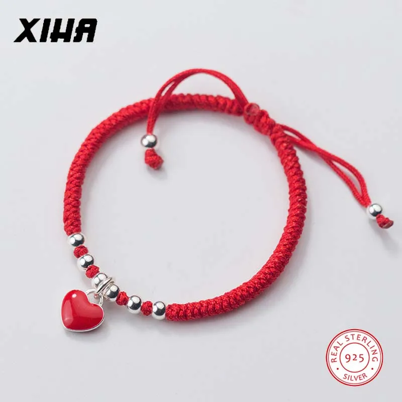 Счастливый Регулируемый браслет с красной нитью, с бусинами и шармом, сердце, любовь, 925 пробы, серебряная плетеная веревка, детские браслеты для девочек