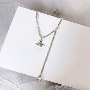 

CH-651 New Vintage Good Luck Universe Saturn Long Tassel Necklace Star Zircon Pendant Clavicle Chain Necklace For Women