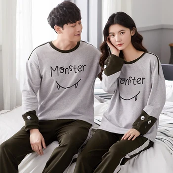

2020 Women and Men Autumn Winter Pajamas Set Cartoon Printed Long-sleeved Three Cat Print O-neck Pajamas + Sleep Pants
