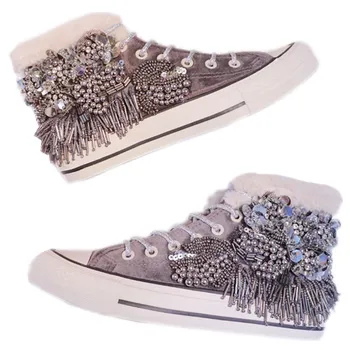 

New style of sequined, beaded and fleecy sneakers with high tops and platforms