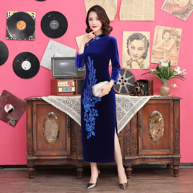 Китайский стиль для женщин Qipao Мандарин воротник длинный Cheongsam Винтаж Кнопка Сексуальная Высокая Сплит Vestidos плюс размер 3XL 4XL 5XL - Цвет: Navy Blue