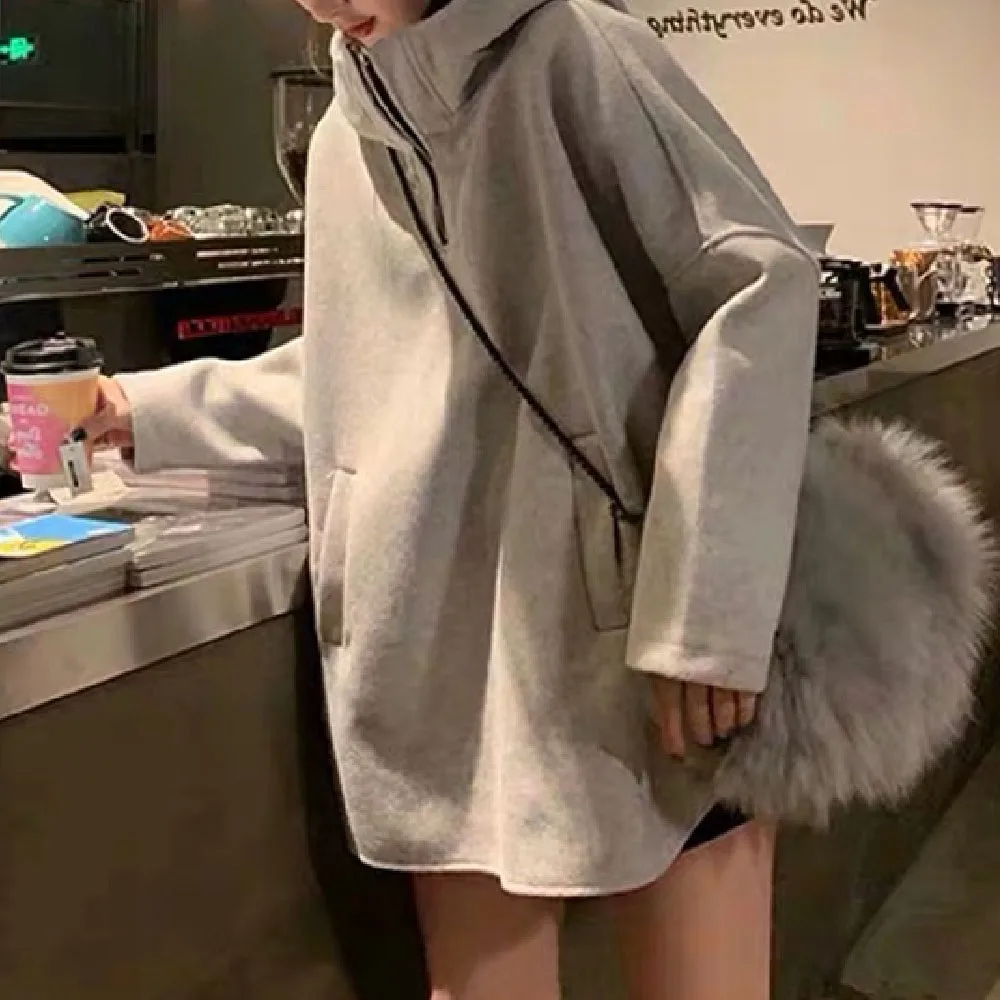 

Large Size Mid-length Hooded Pullover Gray Female Autumn And Winter Hoodies New Harajuku Style Fashion Half Zipper Street Wear
