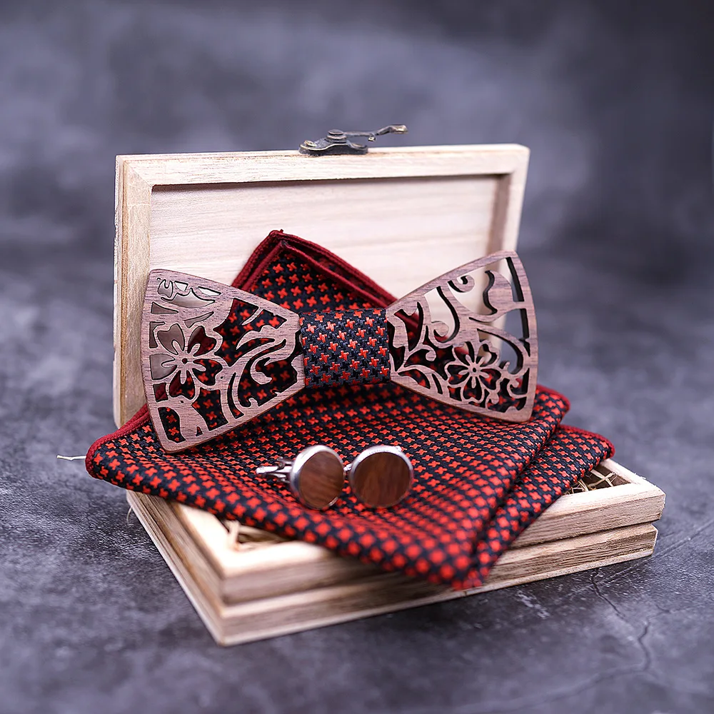 

3D Wooden Bowtie for Mens Wedding Paperon Corbatas Hollow Carved Wood Bow Tie Handkerchief Cufflinks Set for Mens Suit