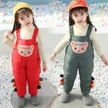 Детский мальчик Зимние куртки для девочек 3D с мультипликационным принтом на подтяжках комбинезон, верхняя одежда с милым медведем для маленьких мальчиков; комбинезон для девочек; милая одежда