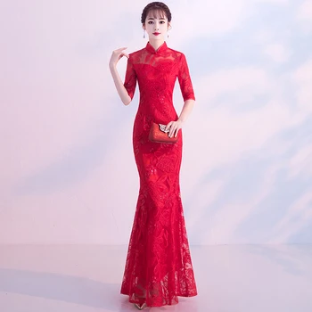 

Red Long Trumpet Cheongsam Women Exquisite Lace Chinese Bride Wedding Dress Sexy Slim Perspective Qipao Robe De Soiree