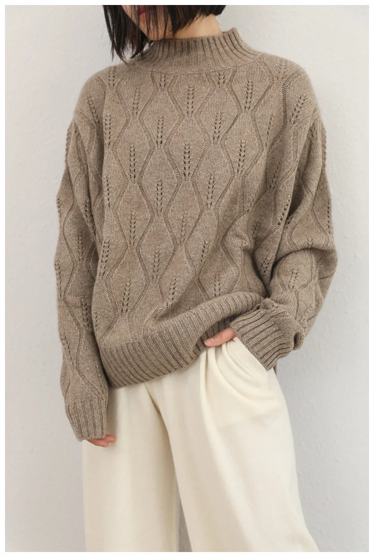 Высококачественный чистый козий кашемир листья узор Выдалбливают вязать для женщин Новая мода пуловер свитер один и более размер