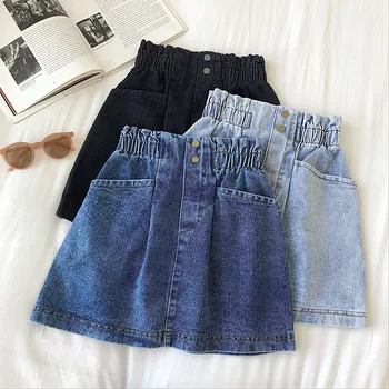 

2020 New Casual Elastic Waist Pocket Mini Skirt High Waist Vintage Denim Skirt Ladies Black A-line Short Skirt