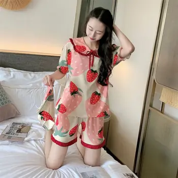 

Women's Milk Silk Pajamas Set Cute Print Pattern Sleepwear Round Neck Nightwear Fashion Short Pyjama