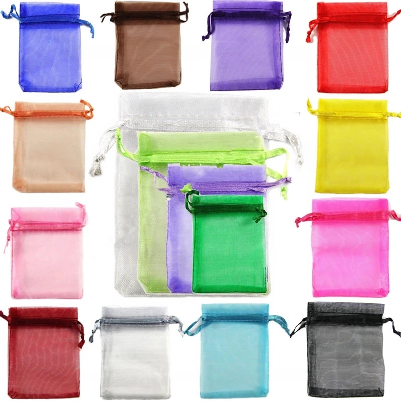 도매 25/50pc Drawstring Organza 가방 작은 파우치 쥬얼리 패키지 메이크업 웨딩 포장 메쉬 선물 가방