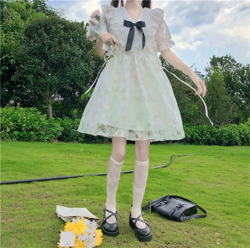 Japanese Sweet Kawaii Mori Girly Preppy Women Dresses 2020 Summer Fairy Bow Collar Puff Sleeve Gauze White Girly Fluffy Dresses
