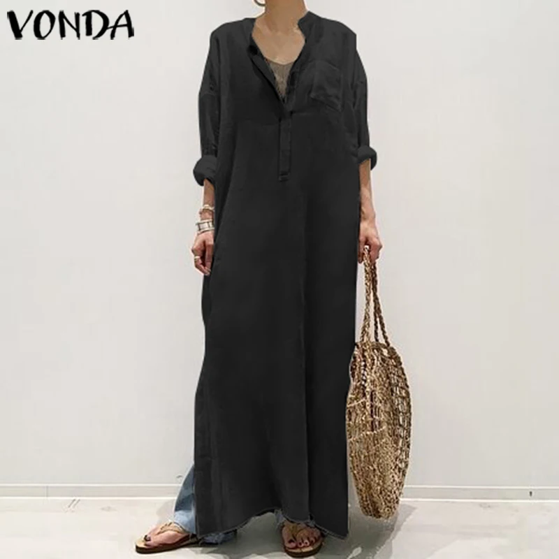 VONDA/длинное хлопковое женское платье макси со стоячим воротником и длинным рукавом на пуговицах, вечерние платья для беременных, осень, Vestidos