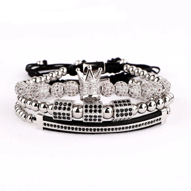 3pc/set Men Luxury CZ Crown Braided Micro Pave Cubic Zirconia Stainless Steel Beads Charm Bracelet Jewelry for Women Men - Image 2