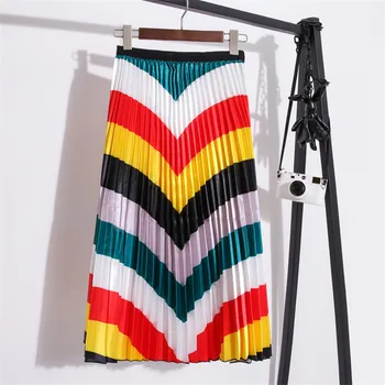 

Fashion Color Matching Stripe Pleated Skirt 2019 Plus Size Skirt Big Swing New Holiday Party Casual Pleated Long Skirts Female