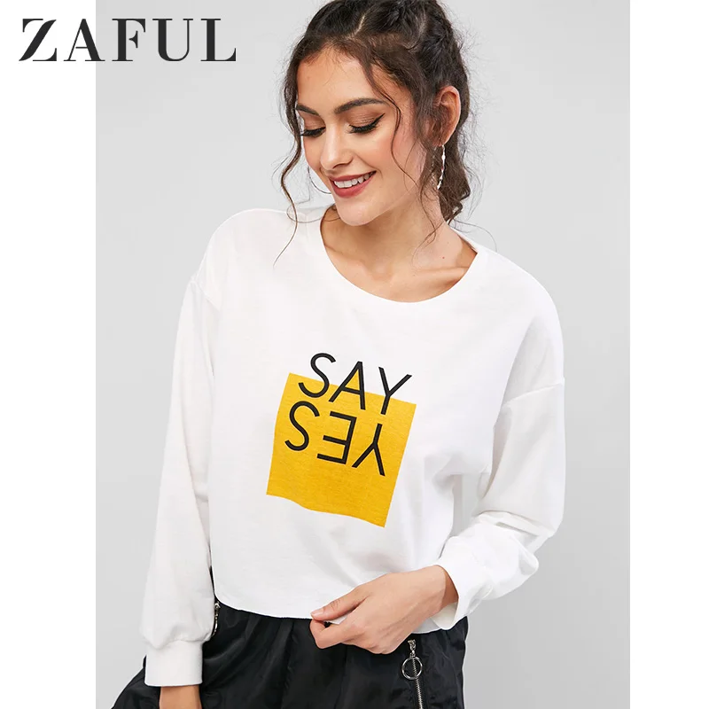 ZAFUL SAY YES Графический осенне-весенний принт подол необработанный край круглый вырез с заниженным плечом длинный рукав женские кофты толстовки
