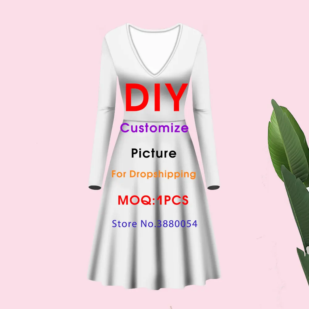 

WHEREISART Customize Image Trend Sexy Woman 2022 Dress Office V-neck Vestidos Ladies Summer Beach 4XL Dropshipping