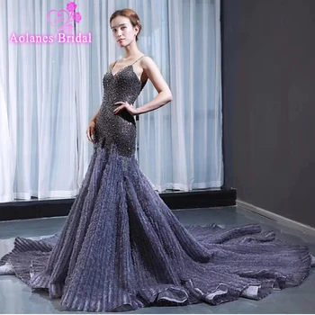 

2019 Grey Beading Ruffless Long Mermaid Prom Dresses Sexy V Neck Women Formal Evening Party Gown Custom Luxurious Prom Gown