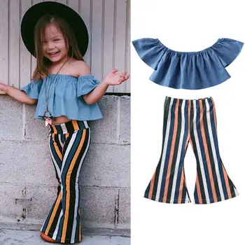 

Children Kids Baby Girls Clothes Off Shoulder Denim Crop Top Ruffles Blue Tops +Striped Flare Pants Summer Outfit 2Pcs Set