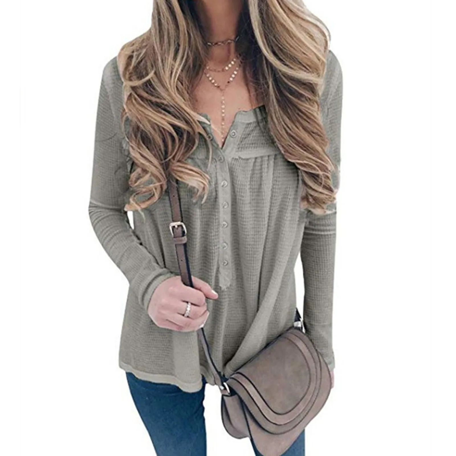 Fashion Women's Casual Loose Long Sleeve T-Shirts Autumn Solid Color V-neck Button Stitching Beach Knitted Crop Tops Streetwear 2