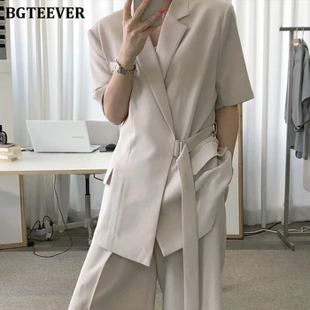 

BGTEEVER Casual Summer Ladies Shorts Suits Short Sleeve Belted Women Blazer & High Waist Loose Female Suits Shorts 2 Pieces Set