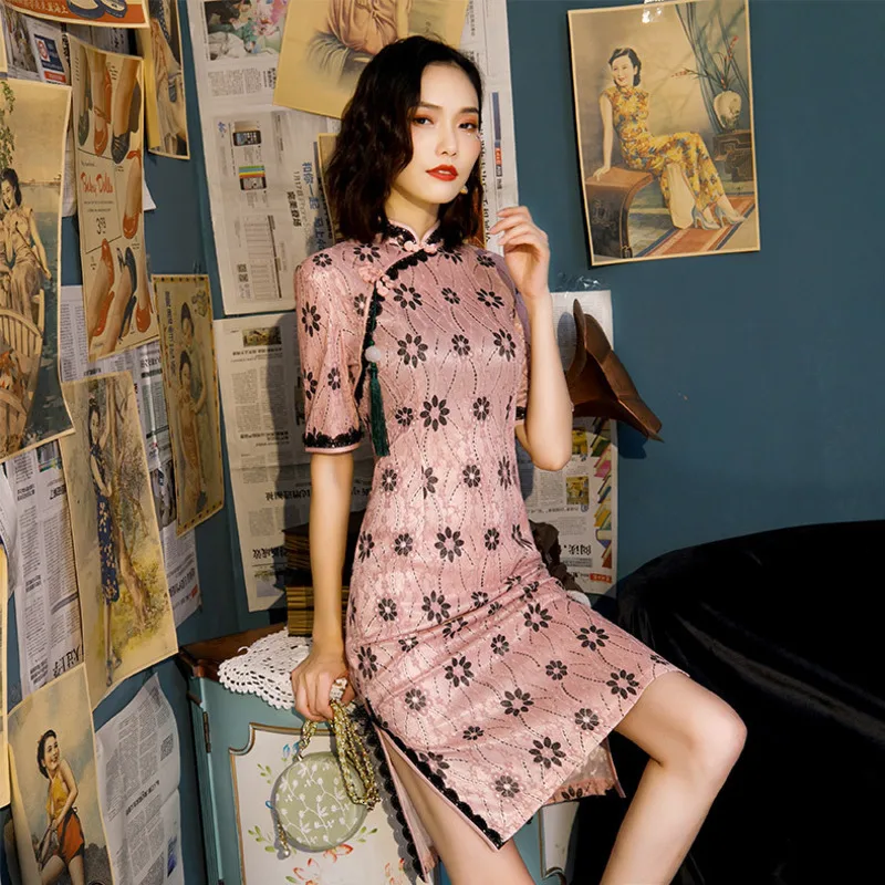 Женское розовое кружевное платье Qipao Cheongsam, короткое вечернее кружевное платье, элегантный традиционный китайский стиль, Chipao, Осень-зима