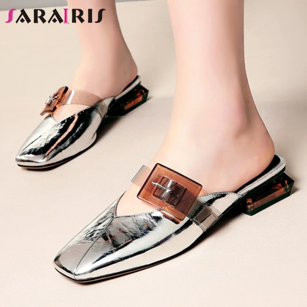 

SARAIRIS 2020 New Fashion Female Brand Genuine Leather Summer Mules Holiday Casual slip-on Pumps Women Low Heels Shoes Woman