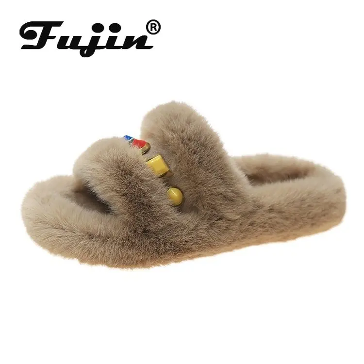 Fujin/меховые шлепанцы для женщин Домашняя обувь Меховые тапочки Плюшевые сандалии