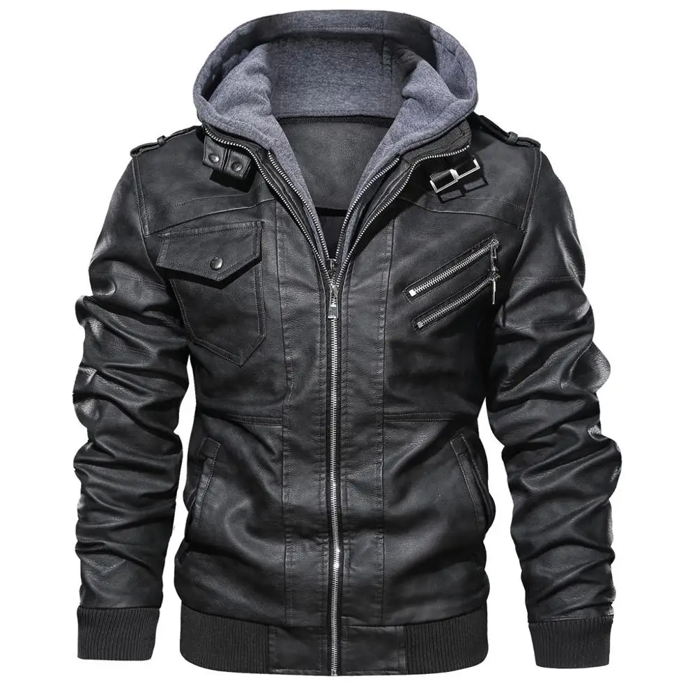 

2019 Men's Retro Hooded Leather Jacket Loose Winter Zipper Hat Detachable Solid Color Black Brown Man Jacket Windproof #0808