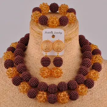

brown and champagne gold african beads jewelry set nigerian wedding set costume necklace FZZ96