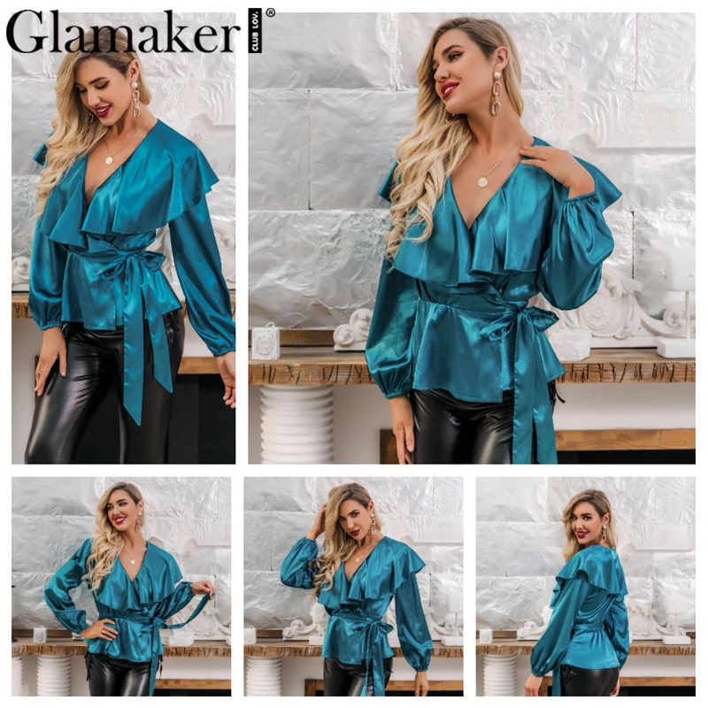 Glamaker, атласная блузка с рюшами в стиле пэчворк, женская рубашка, рукав-фонарик, v-образный вырез, блузка, топ, Женская винтажная офисная одежда, короткий топ