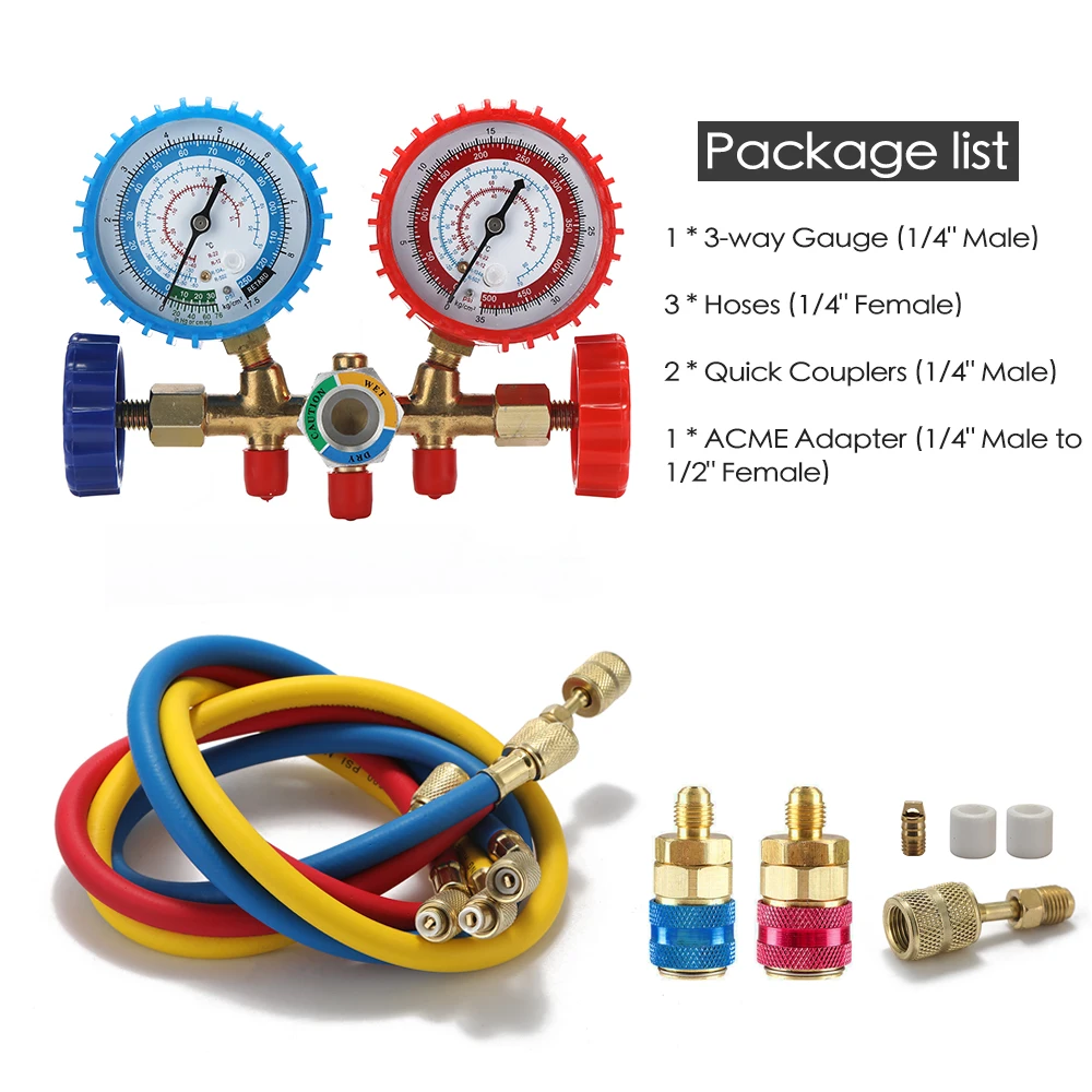 

3 Way Refrigerant Gauge AC Diagnostic Manifold Freon Gauge for R134A R12 R22 R502 Refrigerants with Couplers and Acme Adapter