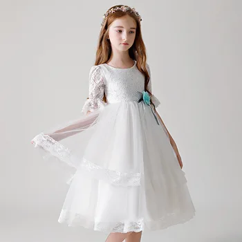 

Children Christmas White Lace Flower Girls Party Dresses Kids Baby Half Sleeve Tea Length First Communion Princess Pageant Gowns