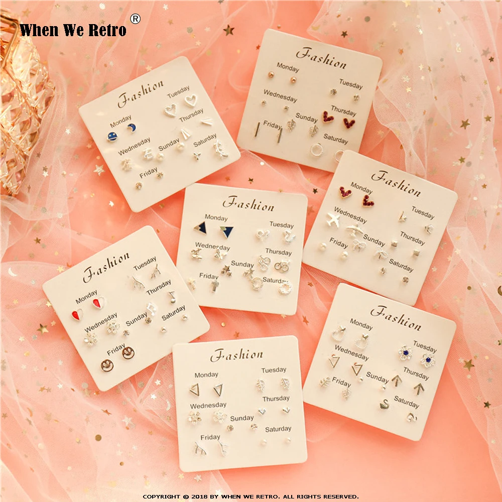 When We Retro 2019 Vintage Mixed Styles Flower Heart Geometric Stud Earrings Set For Women Girls Jewelry QY0619 | Украшения и