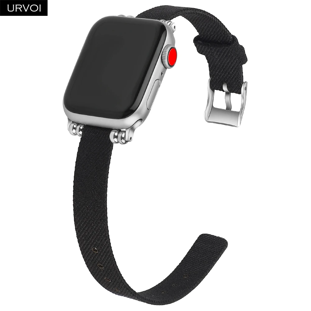 Black S URVOI полотно холста для Apple Watch series 4 321 ремешок для iwatch 40 мм 44 мм тонкая ткань запястье современный дизайн подарок для девушек женщин - Цвет ремешка: Black S
