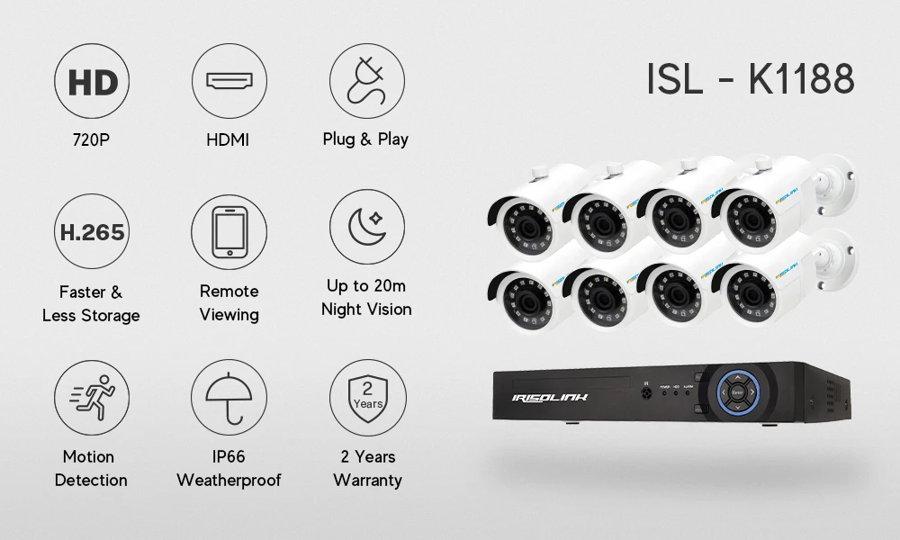 Irisolink 8CH 1080N video surveillance system 8pcs 720P in/outdoor security cameras H.265 5in1 DVR home security camera system