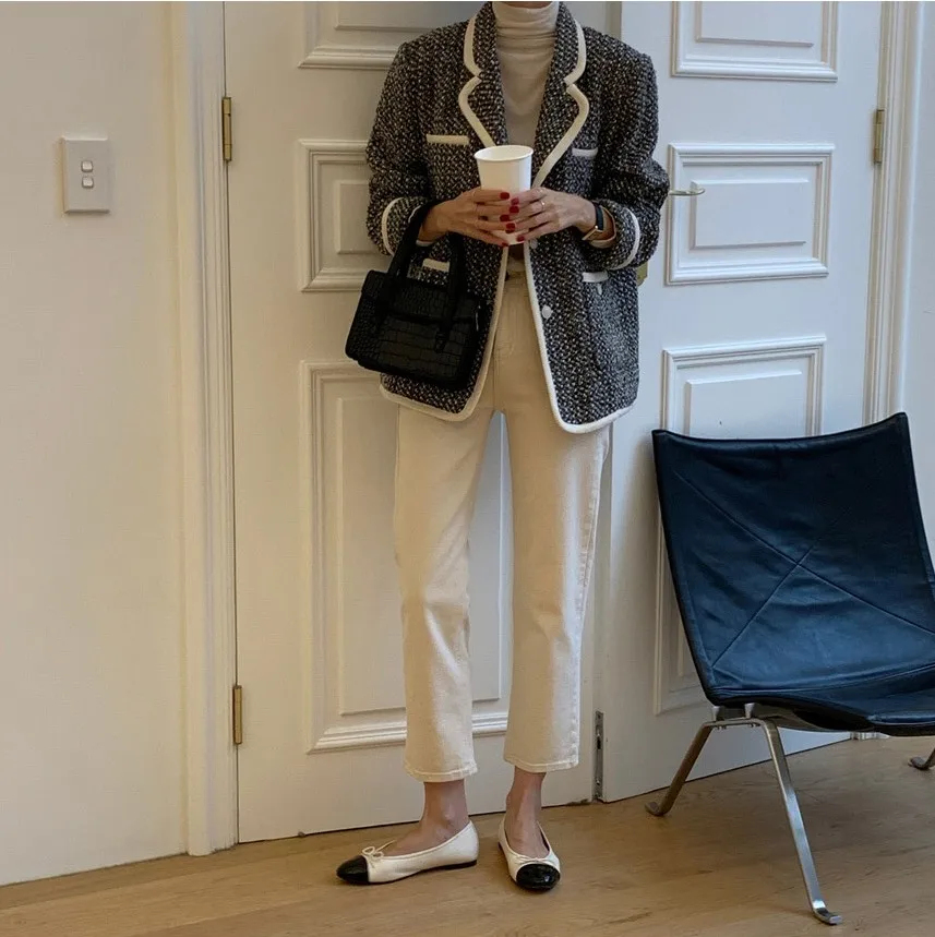 HziriP New Women Jacket Outerwear Winter Clothing Fashion Warm Wool Blends Female Elegant Tweed Faux Woolen Coat Female