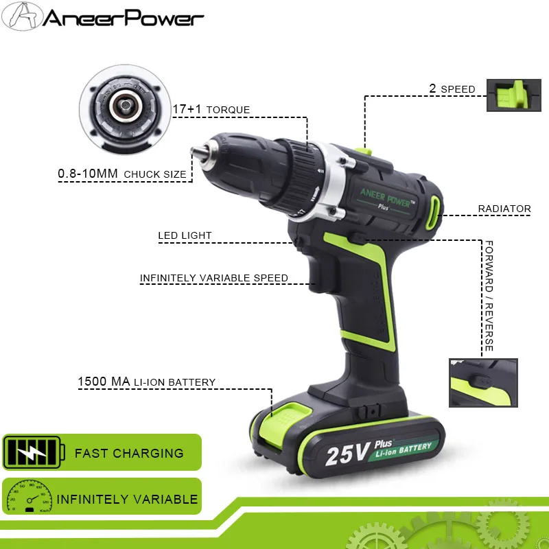 12V 21V 25V Plus Hand Electric Drill Double Speed Mini Wireless