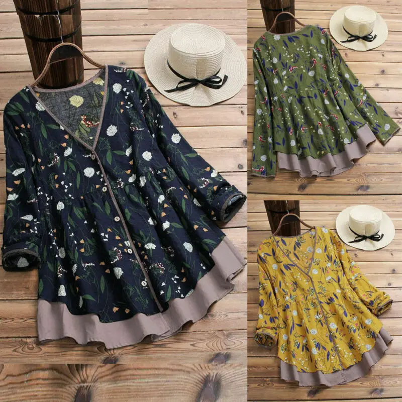 

1PC Plus Size Women Long Sleeve V Neck Casual Loose Tops Floral Blouse Shirt Autumn Boho dress Flower Print Fashion shirt