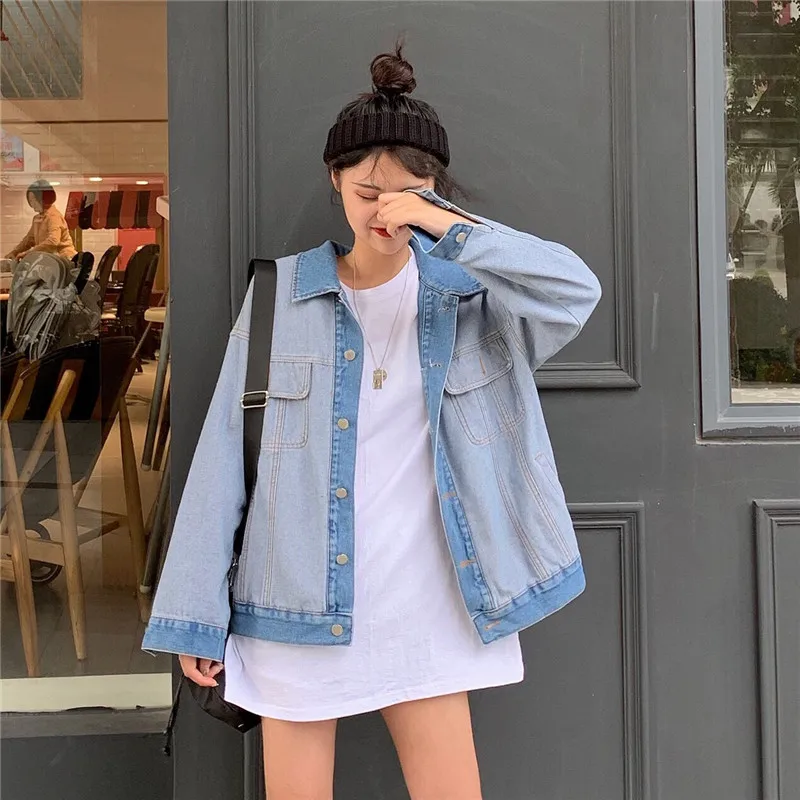 

Denim jacket 2019 autumn new turn-down collar retro contrast color jacket loose thin denim jacket large size fashion wild jacket