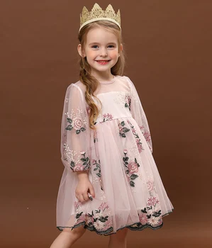 

Retail 6282 New Long Sleeve Flower Embroidery Princess Baby Girl Dress Spring Wedding Party Kid Dress For Girl Baby girl clothes