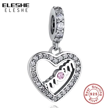 

ELESHE 925 Sterling Silver Mum Mom Love Heart Beads Charms fit Original Bracelet Pink CZ Crystal Pendant DIY Jewelry For Mother