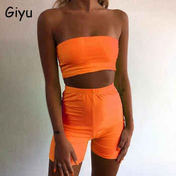 

Giyu Sexy Neon 2 Piece Set Women 2020 Summer Off Shoulder Crop Tops Shorts Set Fluorescent Two Piece Set Women Bodycon Tracksuit