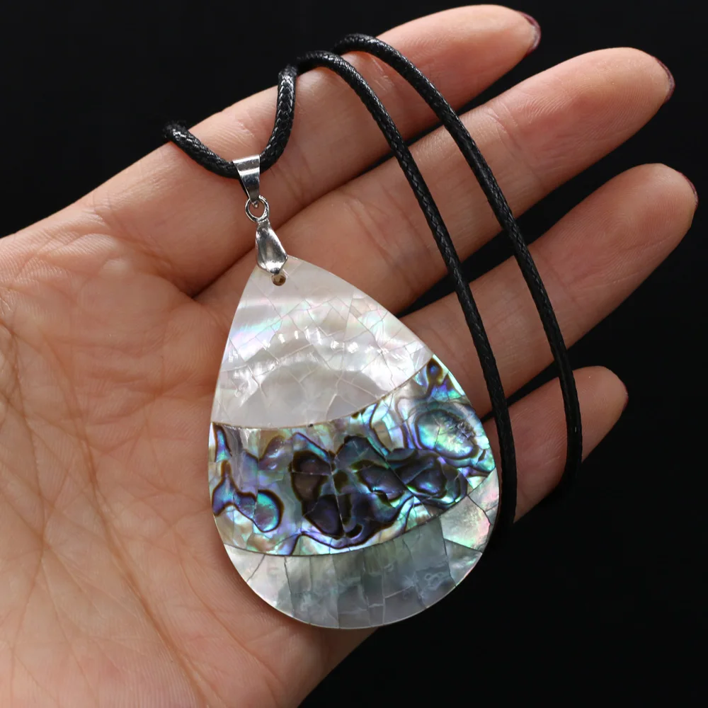 Natural Shell Necklace With Dropshaped Stripe Pendant Leather Cord 2mm