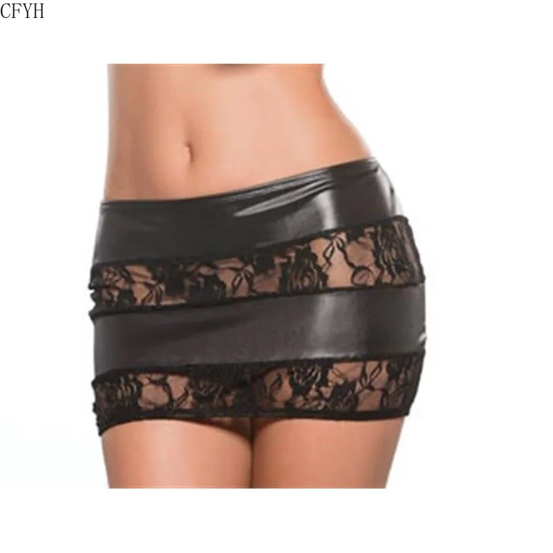 

Sexy Lingerie Faux Leather Lace Short Mini Skirt Semi See Through Bodycon Mini Dress Nightclub Dance Costume