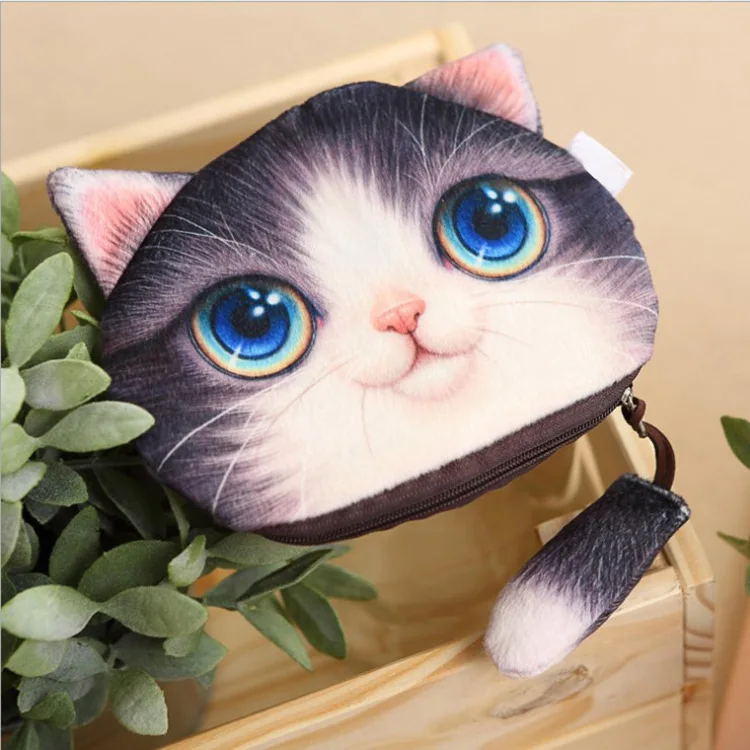 3D печатных очаровательный кот кошелек с кошачьей головой Детский плюшевый Кошелек для монет включая сумочку с кошечкой, карман для монет на молнии