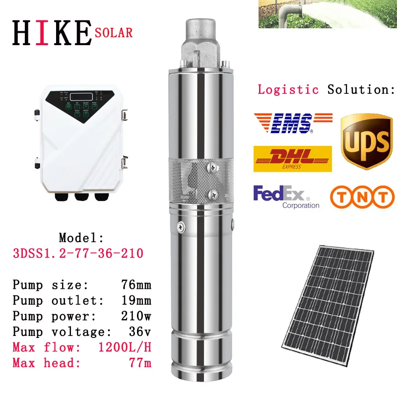 

Hike solar equipment 36V 3 inch dc mini dc brushless solar water pump submersible model: 3DSS1.2-77-36-210