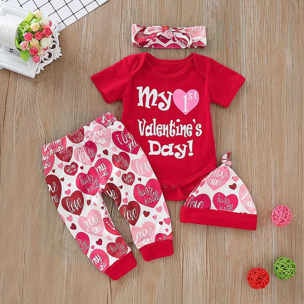 

CYSINCOS 4Pcs Infant Baby Girls Clothes Set Letter Hearts Print Valentine's Romper Pants Hat Headwear Children Girl Outfits Set