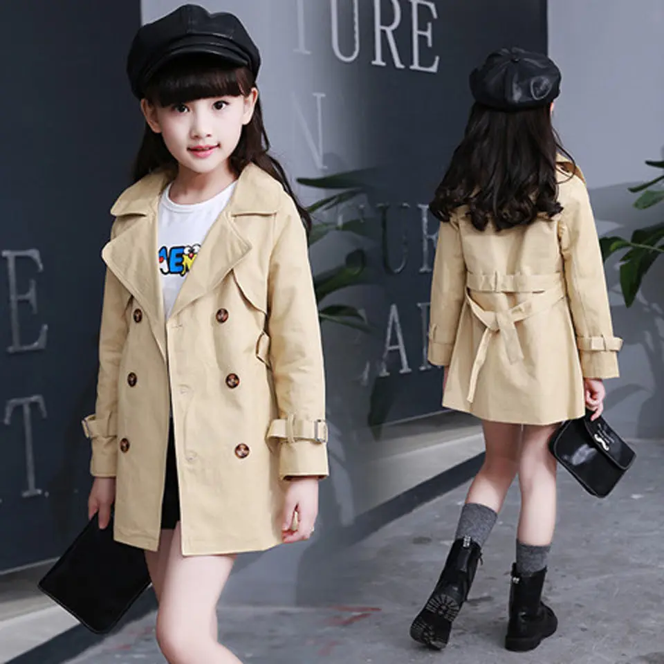 Spring Girls Jacket Korean Teenage Cotton Hooded Outerwear Trench Coats Kid Solid Long Sleeve khaki Toddler Jacket